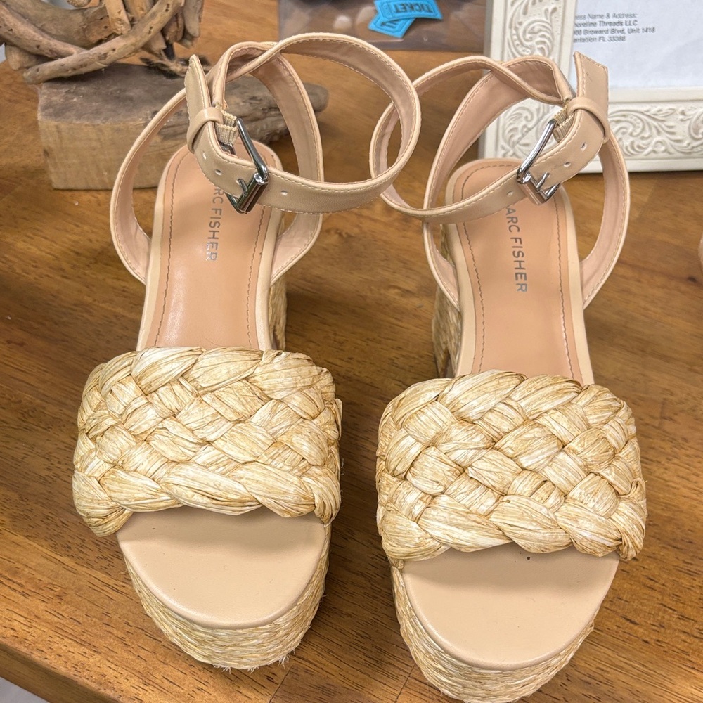 Marc Fisher Beige Woven Wedge Sandals